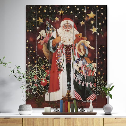 Designart Happy Santa Claus Christmas Print on Natural Pine Wood